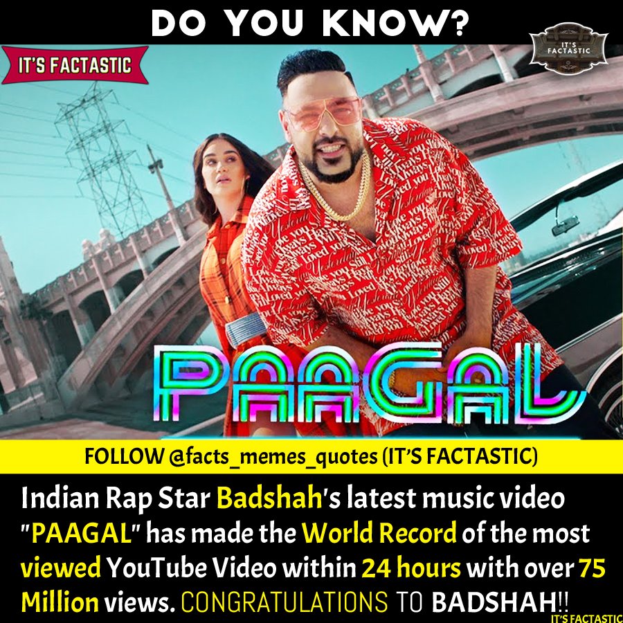 Indian Rapper Badshah's Song PAAGAL's Poster.